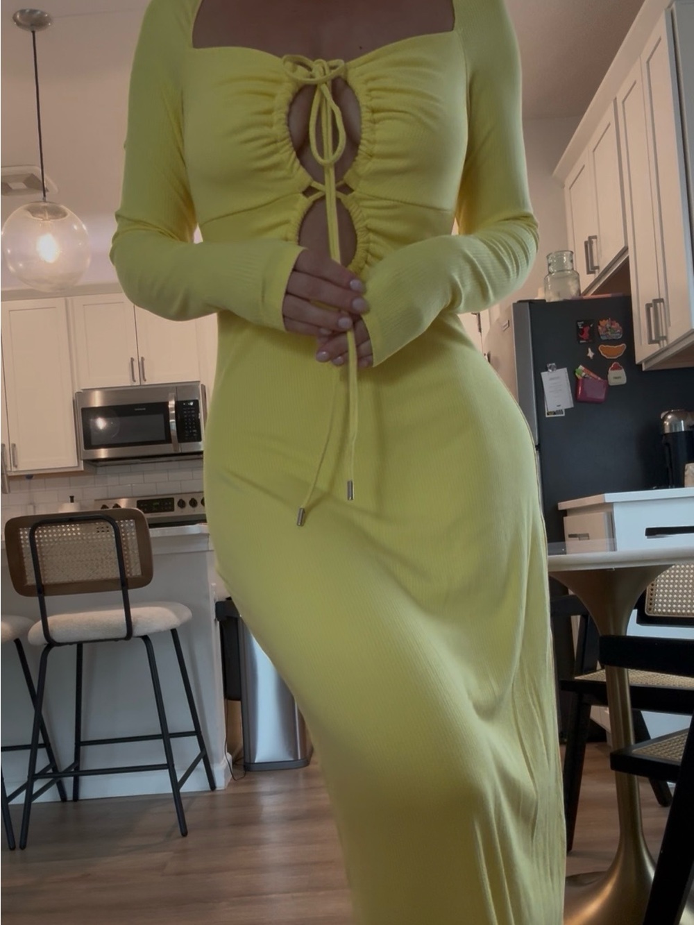 AFRM Lemon Yellow Long Ribbed Tie-Front Maxi Dress